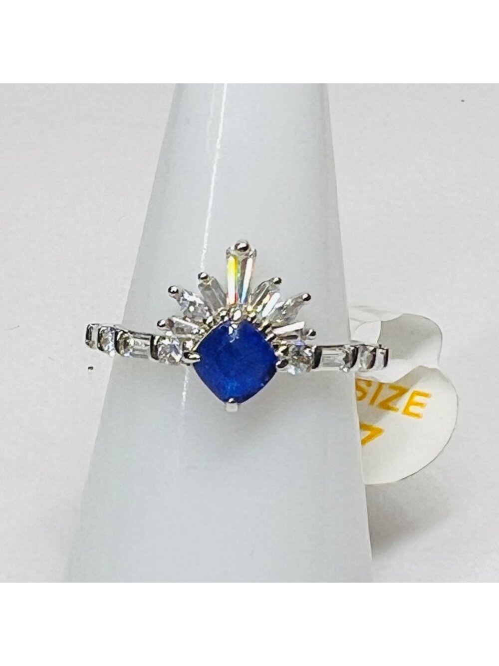 Ring Bomb Party Ring, size 7, blue stone, silver color band, CZ looking accents